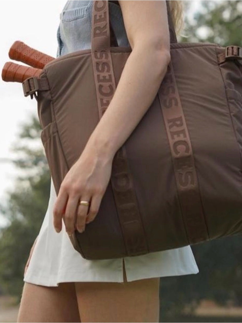 Quilted Gym Tote in Brown with Logo Strap